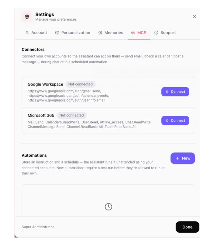 AskProso settings showing MCP connectors for Google Workspace and Microsoft 365, plus scheduled automations
