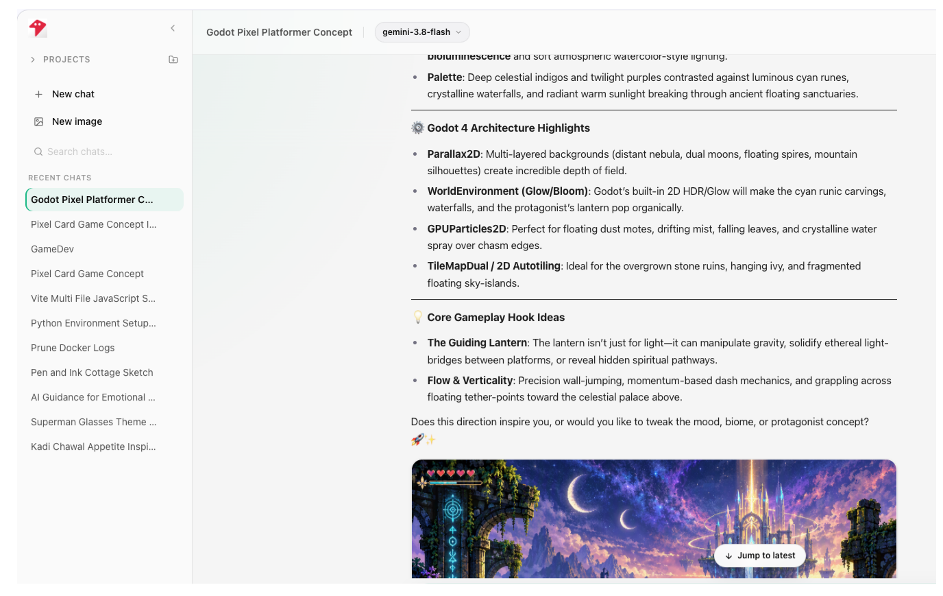 AskProso generating a game concept image inline within a chat conversation