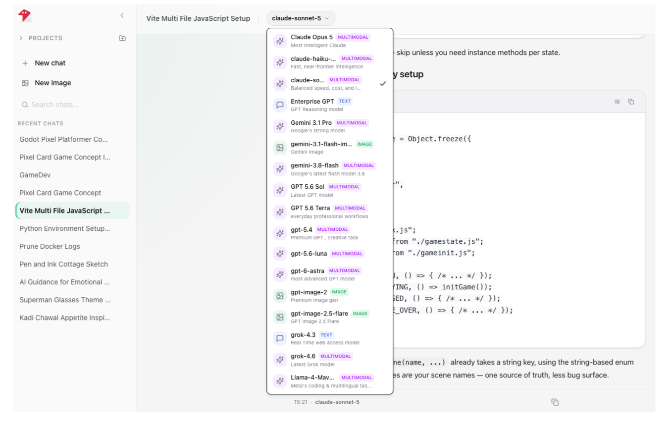 AskProso model picker listing Claude, GPT, Gemini, Grok and Llama models with multimodal, text and image labels
