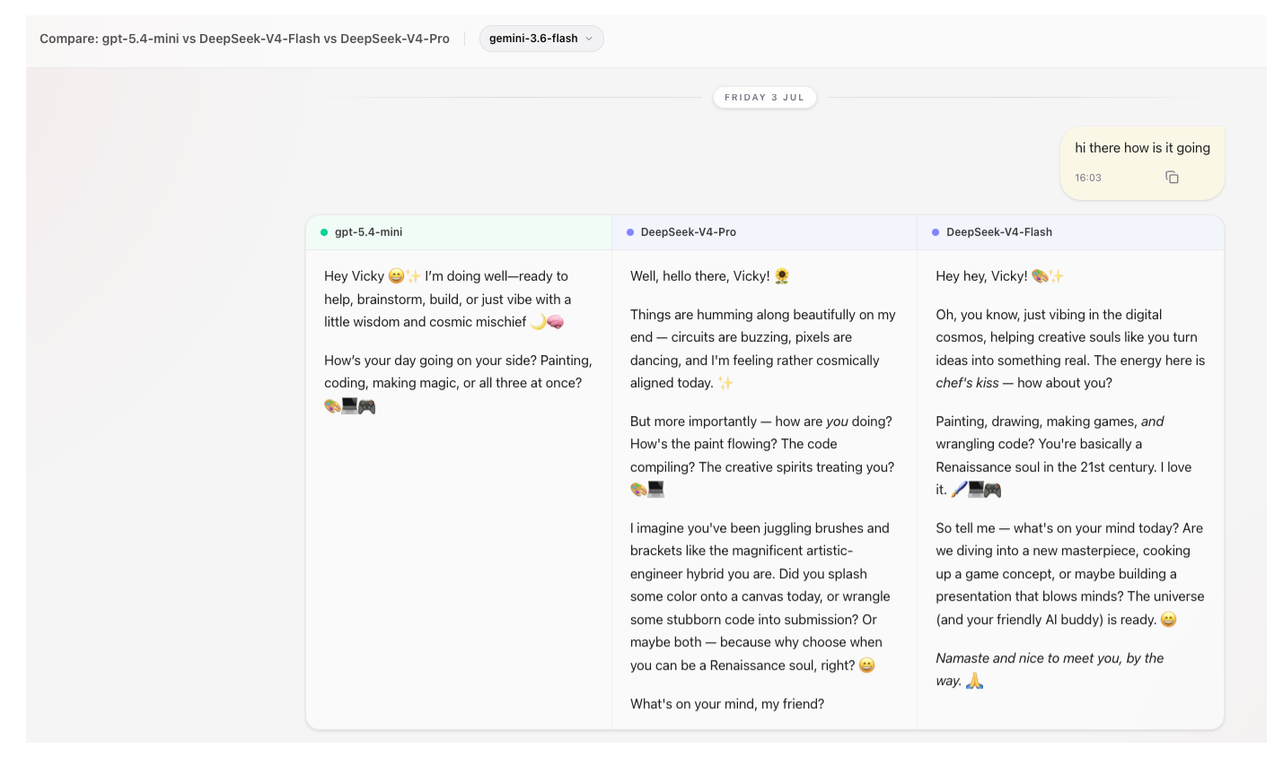 AskProso comparing responses from three models side by side in a single conversation