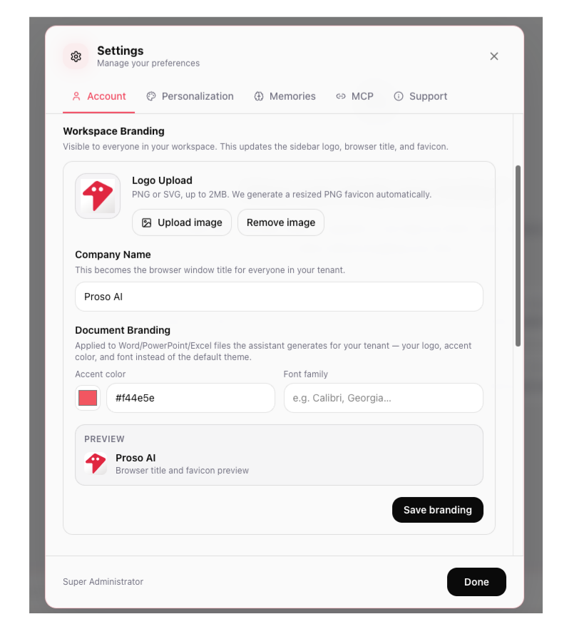 AskProso workspace branding settings with logo upload, company name, accent colour and document branding