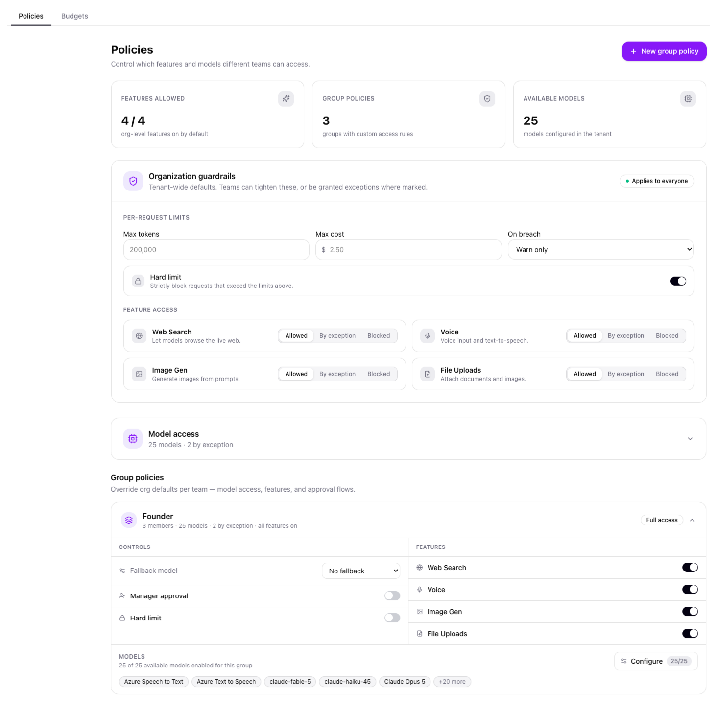 AskProso policies screen showing organization guardrails, per-request limits, feature access toggles and group-level policy overrides